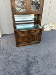 67410 Mid-Century Oak Cabinet with Desk and Leaded Glass Doors