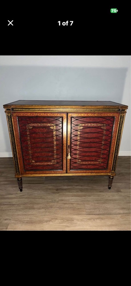 Antique Wood Cabinet Red Gold Black Raised Panel Doors Carvings Brass Finish