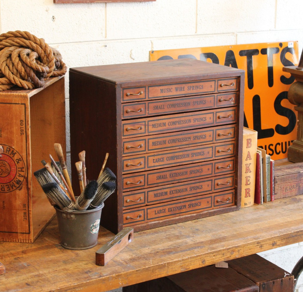 c.1910s Antique Parts Advertising Compression Springs Cabinet Vtg Drawers Oak