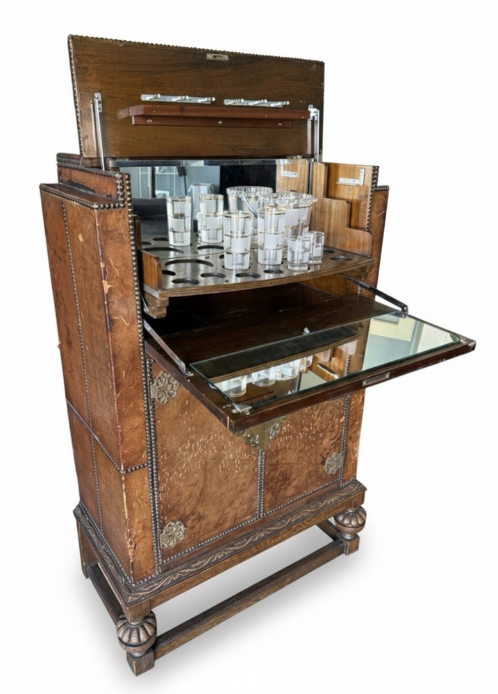 🍸Antique Prohibition Era Liquor Cabinet / Hidden Bar Leather Wrapped 1920s VTG