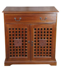 Vintage Indonesian Mahogany Lattice Carved Cupboard Buffet Server Drybar