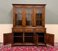 Antique English Large Bookcase Cupboard Cabinet Triple Door Glass Oak c. 1930s