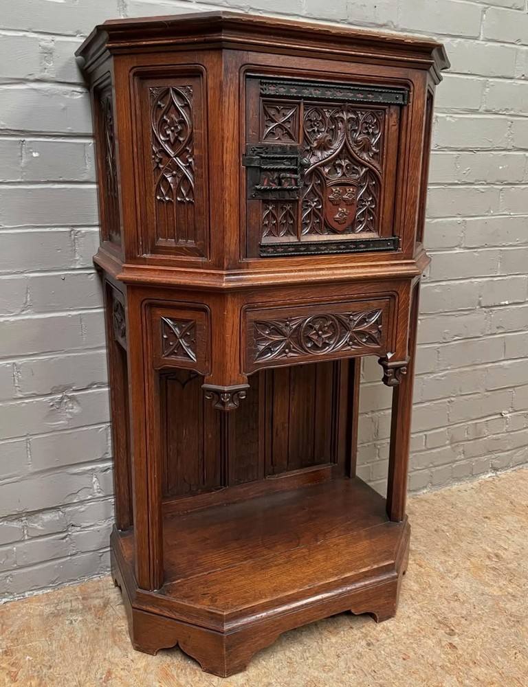 Antique French Gothic Carved Oak Cabinet Heraldic Crest Iron Hardware