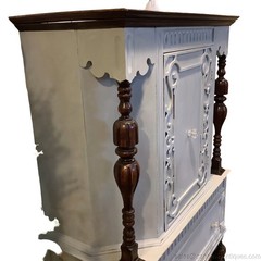 Vintage China Cabinet Painted Gray w Natural Dark Wood Carvings Interior Storage