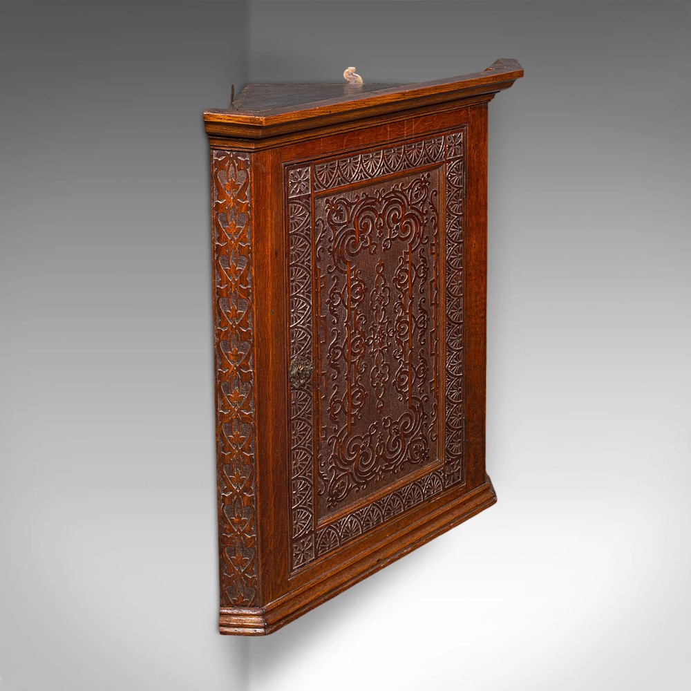 Antique Corner Cupboard, English, Wall Cabinet, Chippendale Revival, Victorian