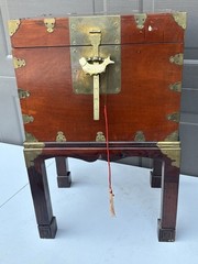 Vintage Korean Bandaji Chest On Stand With Ornate Brass Hardware, Lock & Key