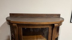 Antique Tiger Wood Curved Glass Curio Display Cabinet 60”H x 36”W x 15”D