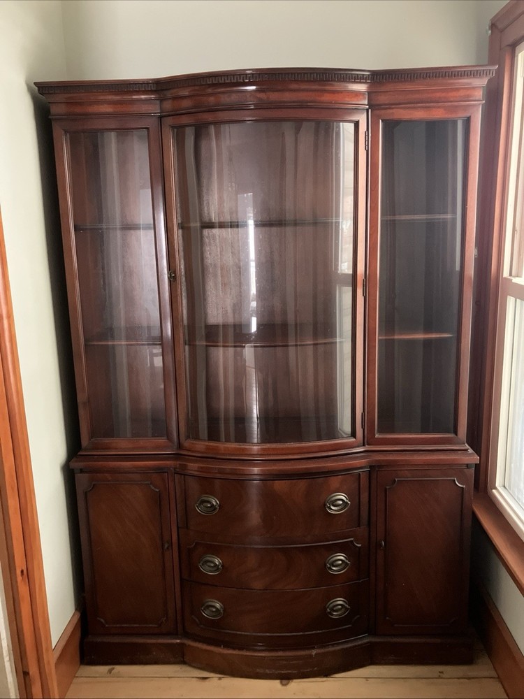 Vintage Drexel New Travis Court mahogany bow-front china cabinet