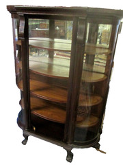 ANTIQUE OAK CURVED GLASS CHINA CUPBOARD W/BALL & CLAW FEET ESTATE AS IS BARGAIN!