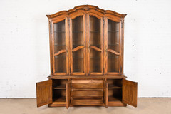 Drexel Heritage French Provincial Carved Oak Lighted Breakfront Bookcase Cabinet