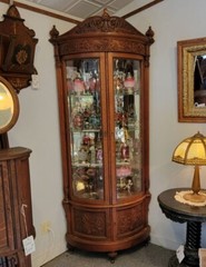 Antique Carved Oak Corner China Curio Cabinet – curved beveled glass