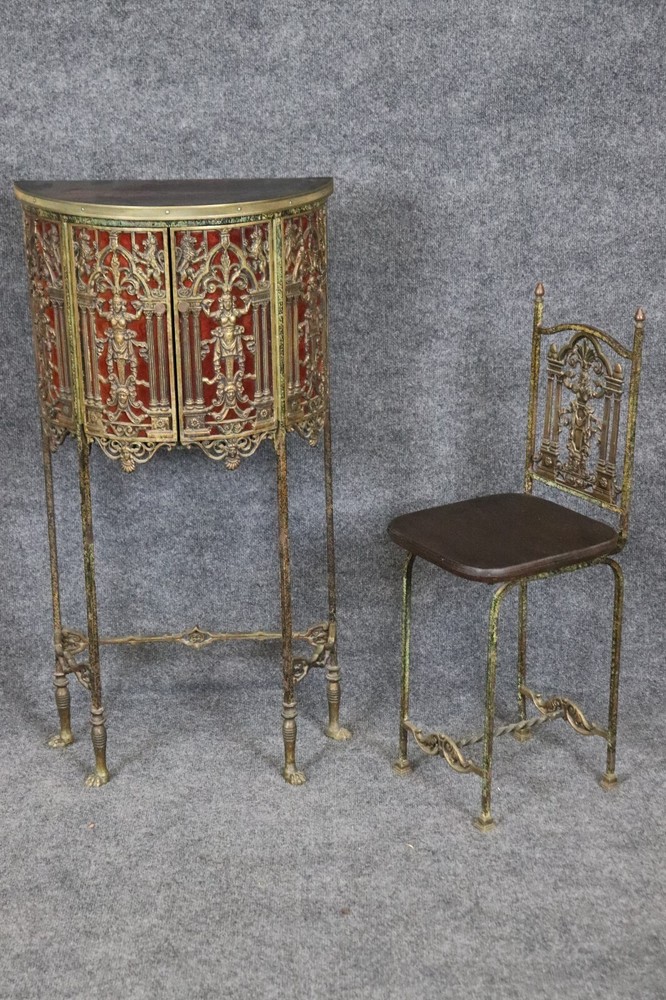 Oscar Bach Style Faux Tortoise Shell Bronze Demilune Cabinet Console & Chair