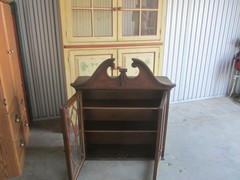 ANTIQUE SECRETARY DESK TOP HUTCH, INLAY ON GLASS, OBO