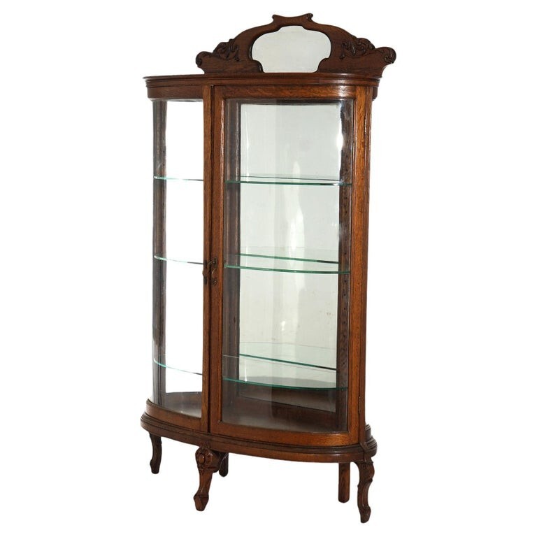 Antique RJ Horner School Carved Oak & Curved Glass China Cabinet C1910