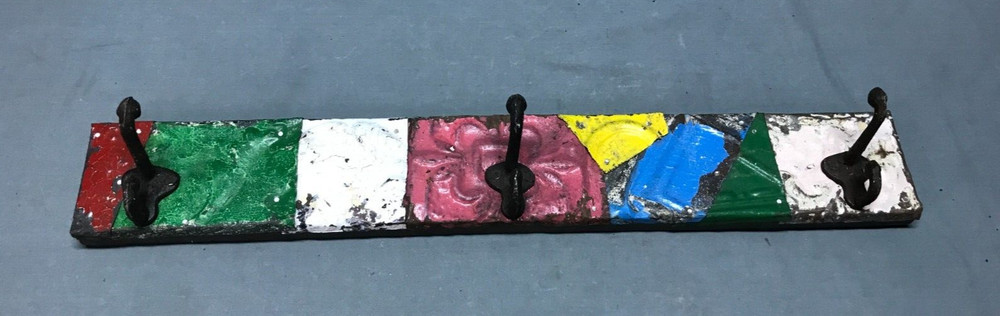 VTG Decorative Shabby Patchwork 23″ Tin Ceiling Metal 3 Hook Rack Old 180-25B