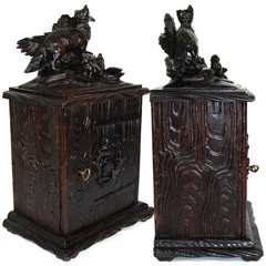 Antique Black Forest Carved 11″ Chest, Cabinet, Box: Animalier Style FOX and Kit