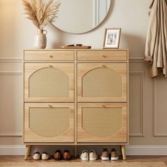 Rattan-front shoe cabinet with 2 drawers and 4 flip-down compartments