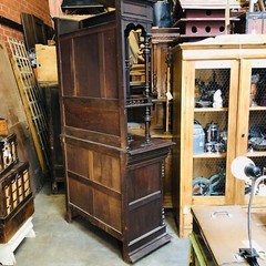 1800s Antique Carved Oak Cabinet, Leaded Glass, Country French Kitchen, JW0150