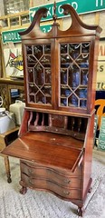 Antique Mahogany Chippendale Drop Front Secretary Desk 4 Serpentine Drawers Key