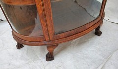 Victorian Oak Bowed Curved Glass China Cabinet with Leaded Glass & Claw Feet