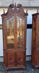 PAIR OF VICTORIAN OAK CHIPPENDALE BEVELED GLASS CORNER CHINA CABINETS