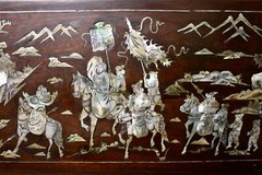 Antique Cabinet Glass Front Hand Carved Asian Motifs & Mother-of-Pearl Designs