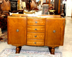 English Antique Inlaid Oak Art Deco Sideboard / Small Buffet / Bar Cabinet