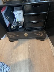 Antique Asian Wooden Cabinet with Ornate Brass Hardware and Four Drawers