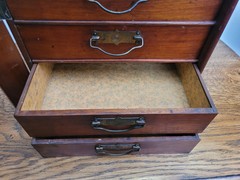 Early 20th Walnut Collectors Curio Cabinet Stones “Popular” 4 Drawers & Key