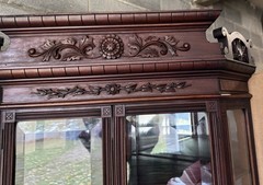 RARE VICTORIAN WALNUT AND BURL BEVELED GLASS CORNER CHINA CABINET