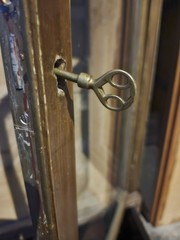 Antique Glass Front Wood China Cabinet with Brass Handle, Lock & Key
