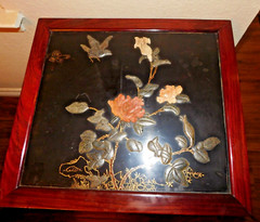 Vintage Chinoiserie Chinese Black Lacquer Hard Stone Finish Art Console Cabinet