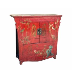 Vintage Red Golden Flower Birds Scenery Armories Storage Cabinet cs6035