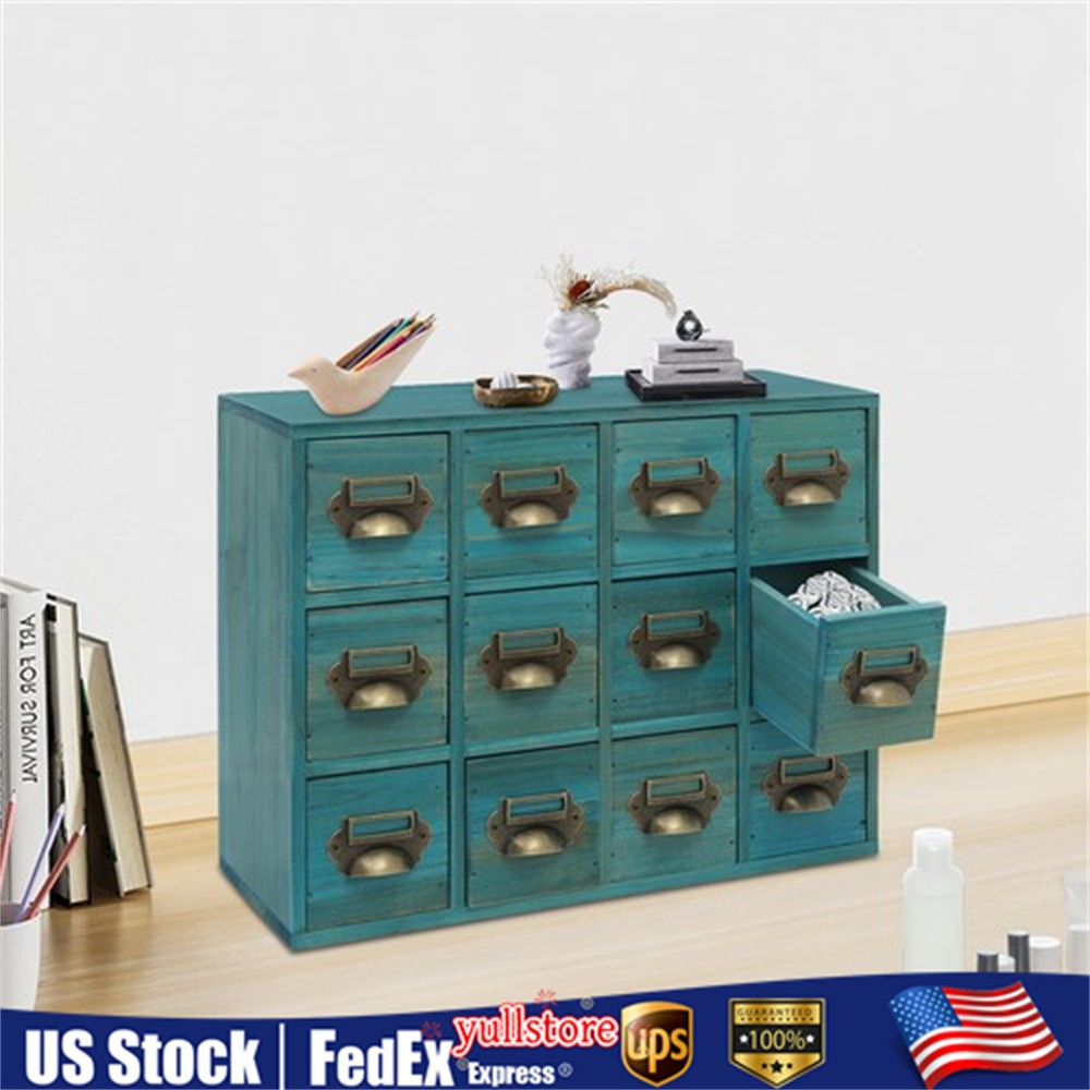 12 Drawers Vintage Tabletop Apothecary Storage Box Library Card Catalog Cabinet