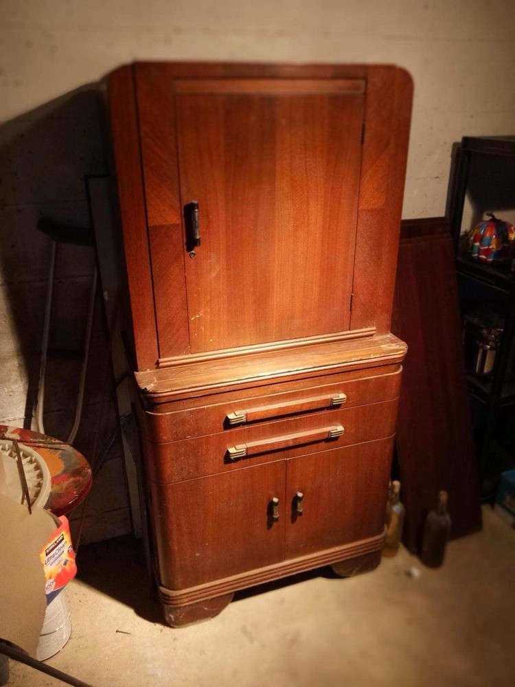 Antique Wood Cabinet, 3 Doors, 2 Drawers, 3 Shelves, Brown, Free Standing
