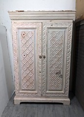 Vintage Shabby Chic Painted Floral Carved Wood Cabinet – Morrocan Indian Shelf