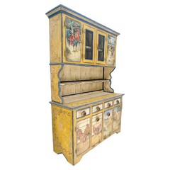 Rare Phenomenal Solid Teak Country Paint Decorated Painted Farm Style Cupboard