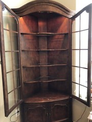 Pair (2) of French Corner Cabinets -Ash and Burl  – Glass/wood doors & shelves