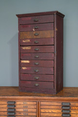 Antique Apothecary Cabinet Wood drawer flat file red Vintage Cubby cup handles