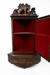 Antique carved Black Forest wood wall corner cabinet bear hunter litho
