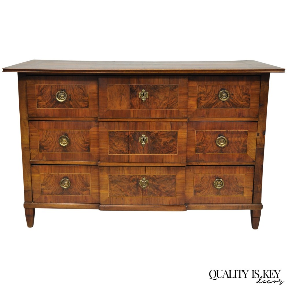Antique Italian Biedermeier Burr Walnut 3 Drawer Commode Dresser Chest of Drawer