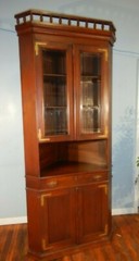 Victorian Walnut Corner Cupboard Beveled Glass Doors Gallery Top Ornate Brass