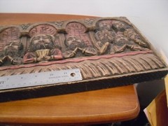 19th C LAST SUPPER ICON FROM 1 1/4″ THICK BOARD HAND CARVED 19 X 9″ HAND PAINTED