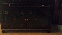 Unusual Shaped Black Lacquer 2 Piece China Cabinet Slender W/ Light & Gold Rope