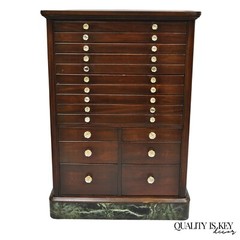 Antique Arts & Crafts Mahogany 15 Drawer Medical Dental Cabinet w/ Marble Base
