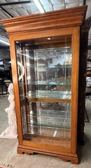 Vintage Oak Curio Cabinet With Side Opening Glass Doors Beaded Time Display Case