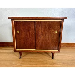 Mid-Century Wood Record Cabinet with Sliding Doors and Brass Pulls
