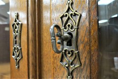 Vintage French China Cabinet – Carved Bruegel Style With Acorn Feet – Two Pieces