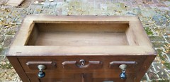 ANTIQUE 19 c. ENGLISH OAK MARBLE TOP STAND DRY CABINET w/ TEAR DROP PULLS