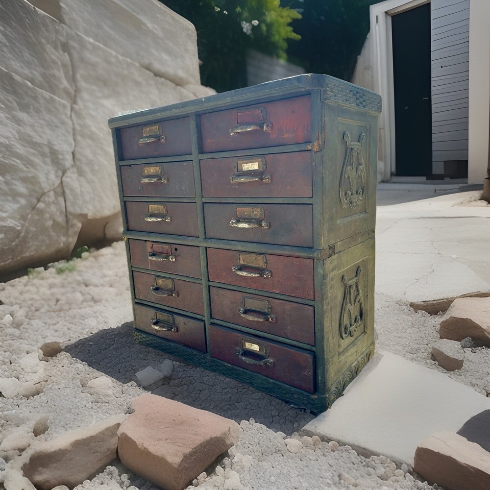 1900s Antique Music Cabinet Industrial Rustic Entryway Apothecary Multi Drawer